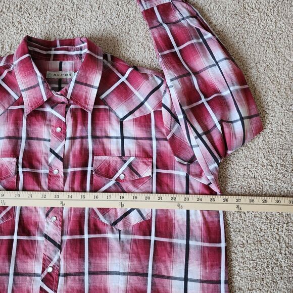 Roper Pearl Snap Shirt Womens 2X Pink Red Black Plaid Western Cowboy Equestrain - Picture 6 of 11